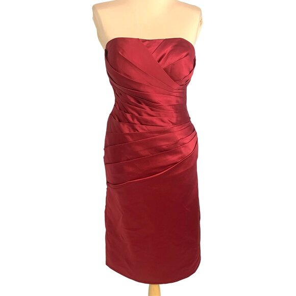 Glam Strapless Red Satin Pleated Cocktail Dress Corset Back M Hoco Bridesmaid - Picture 2 of 10